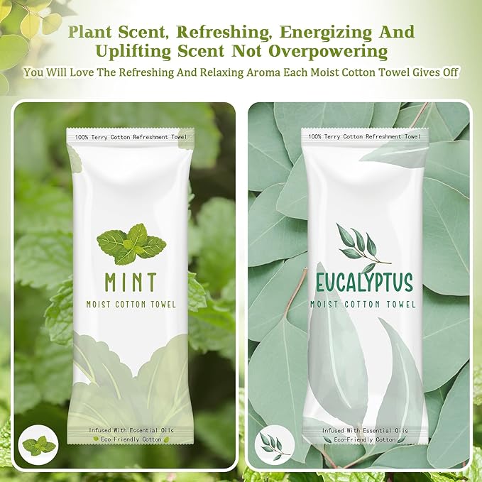 Timgle 50 Pcs Moist Towelettes Individually Wrapped Scented Disposable Face Towels Essential Oil Infused Moist Terry Cotton Towel for Use Hot or Cold Travel Body Spa(Mint, Eucalyptus Leaves)