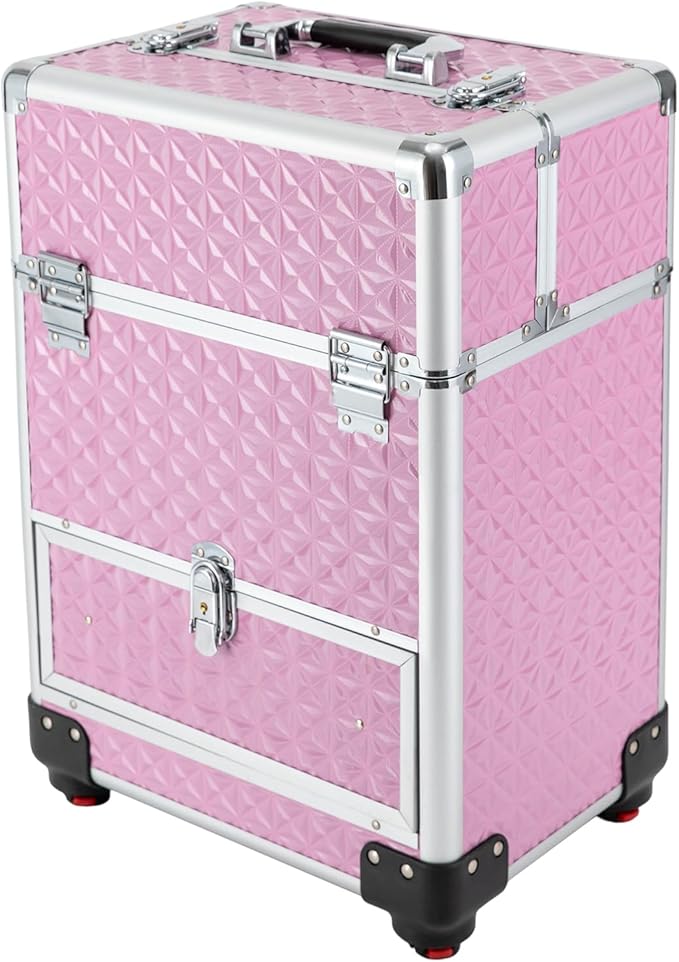 3in1 Rolling Makeup Train Case,Aluminum Trolley Case with 360° Rotation Wheels for Professional Salon Barber Traveling Cart Trunk Cosmetic Beauty Storage (Pink 18.5in)