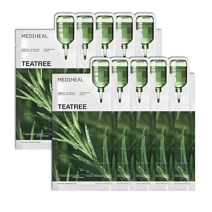 Mediheal Essential Face Mask [Teatree] Calming Moisutre 10 pcs. with 99% Purity Teatree for Intensive Soothing, Deep Hydration - suitable for acne-prone skin - Vegan Formula Korean Sheet Mask