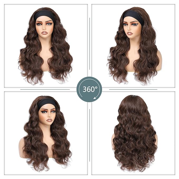 xccoco Brown HeadBand Wigs for Women Long Wavy Headband Wigs 24inch Put On and Go Glueless Wig Loose Curly Synthetic Half Wig Natural Looking Long Wigs for Women 200% Density