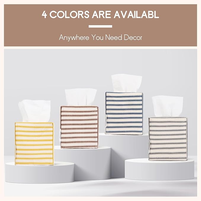 Tissue Box Cover, Fabric Tissue Box Holder Square, Stylish Reusable Toilet Paper Storage, Modern Bathroom Counter Organizer Decorations Accessories,Ticking Stripe 5''x5''x5'' (Light Brown)