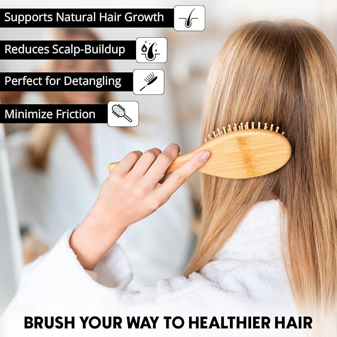 Bamboo Brush for Hair Growth – Natural Bristle Brush w/Wooden Paddle for Detangling, Reducing Breakage & Scalp Massage - For Thick, Thin, Curly, Dry, Wet Hair - Ergonomic Handle Ideal for Women & Men