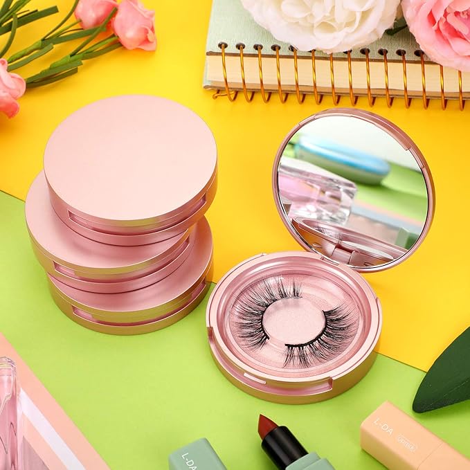Maitys 6 Pcs Eyelash Storage Box With Mirror, Circle Packaging Holder Case, Empty Lash Organizer Container for Travel Storage Cosmetic Women Ladies (Rose Gold)