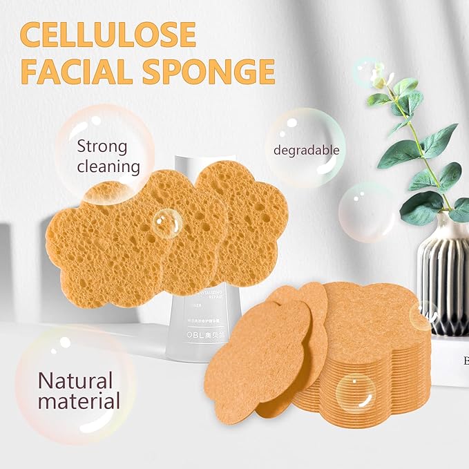 50-Count Facial Sponges, Natural Fiber, Deep Yellow, Reusable, Exfoliating Sponges for Cleansing, Makeup Gift