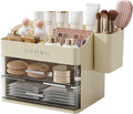 Makeup Organizer for Vanity with Brush Holder, Countertop Skincare Organizer with 2 Drawers, Spacious Cosmetic Display Case for Perfumes, Eyeshadow Palettes, Nail Polishes
