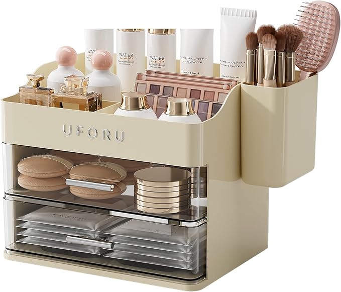 Makeup Organizer for Vanity with Brush Holder, Countertop Skincare Organizer with 2 Drawers, Spacious Cosmetic Display Case for Perfumes, Eyeshadow Palettes, Nail Polishes