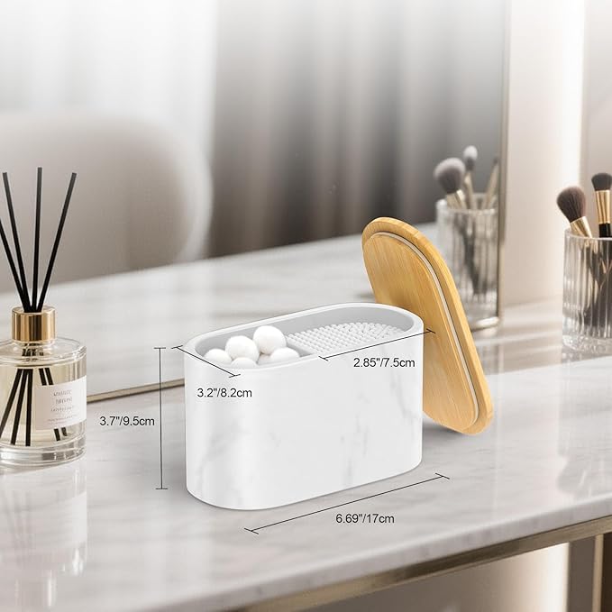 Cotton Swab Holder, Round Cotton Pads Balls Qtip Holder Dispenser with Lid, 2 Compartments Qtips Holder, Tampoms Period Box Bathroom Organizers Storage Bin Floss Dispenser Vanity Cosmetics, White