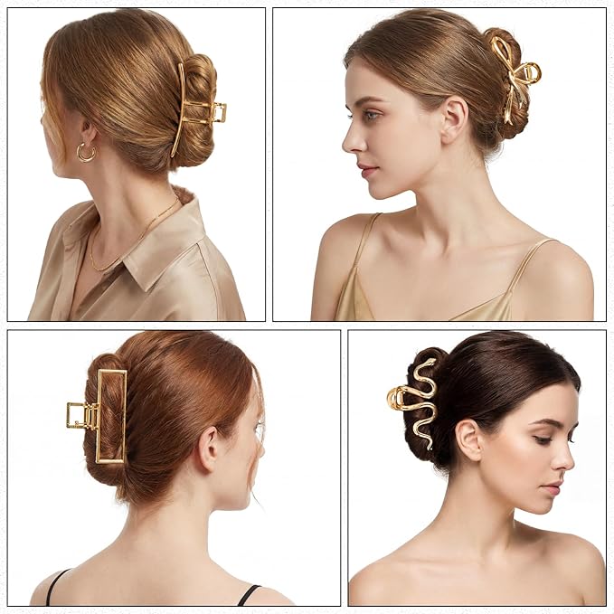 Obeoby Large Metal Hair Claw Clips for Women, 4 Pcs 4 Inch Gold Hair Clips for Thick Hair - Strong Hold Cute Fashion Barrettes Hair Accessories Holiday Birthday Gifts