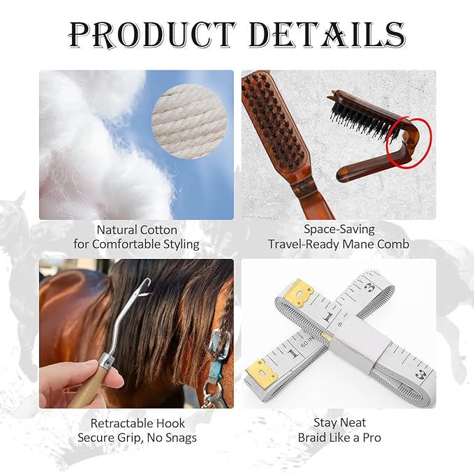 Horse Braiding Kit – 11PCS Equestrian Mane & Tail Grooming Set with Braiding Yarn, Rug Hook, Mane Comb, Seam Ripper, Measuring Tape & Storage Bag – Horse Show Grooming Essentials, Easy for Beginners