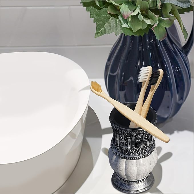 6 Pieces Pumkins Bathroom Accessories Set Including Trash Can, Cup, Toothbrush Holders, Soap Dishes, Soap Dispenser and Toilet Brush, Home Decoration, Retro Style, Grey