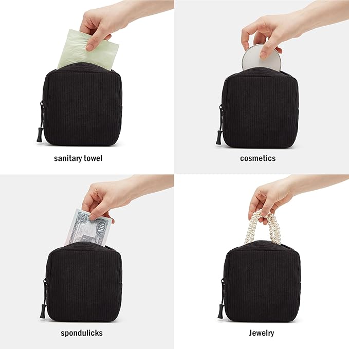 Small Makeup Bag for Purse,Mini Cosmetics Bag cute Zipper corduroy Cosmetic Pouch Storage Pouch Travel Toiletry Organizer for Women Girls(Black)