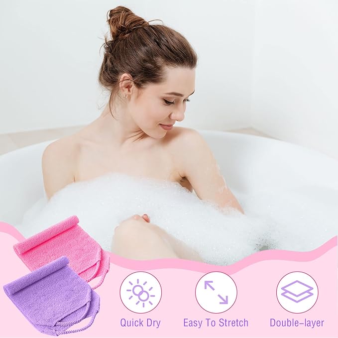 Exfoliating Back Scrubber with Handles for Shower for Women Exfoliating Back Cloth Body Extended Length Scrubber Towel Nylon Stretchable Pull Strap Wash Cloth for Bath Body 2 Pack