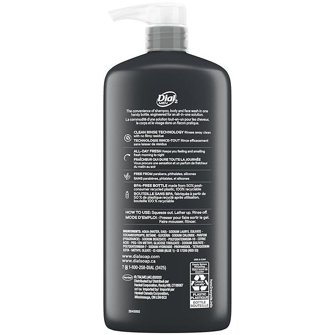 Dial Men 3 in 1 Body, Hair and Face Wash, Refresh, 16 Fl Oz, Pack of 3, Cleanses Deep + Gentle on Skin with Clean Rinse Technology