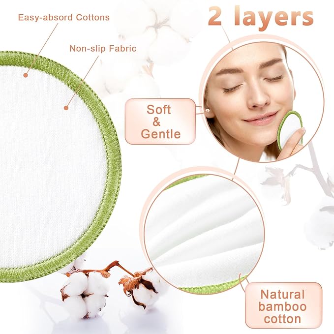 Foaincore 40 Pcs Reusable Makeup Remover Pads with Mesh Storage Bag and Bamboo Box Washable Bamboo Cotton Rounds Soft Reusable Face Pad for Toner Skin Various Skin Care Products(Integrated Color)