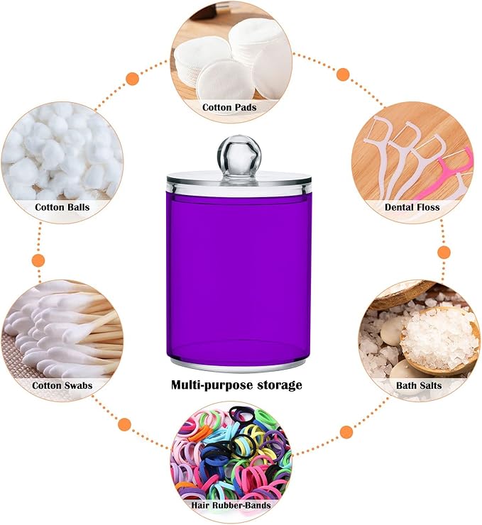 Purple Qtip Holder Organizer Dispenser Cotton Swabs Cans Plastic Jars with Lid Set 2 Pack Bathroom Storage Canister for Cotton Ball Floss Cotton Pads