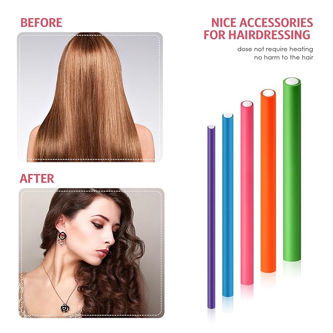 Tigeen 96 Pieces Flexible Curling Rods 9.45 Inch Soft Twist Foam Hair Curling Rollers No Heat Hair Rods Rollers with 2 Pieces Rat Tail Comb Steel Pintail Comb for Women (Multi Size,Multi Color)
