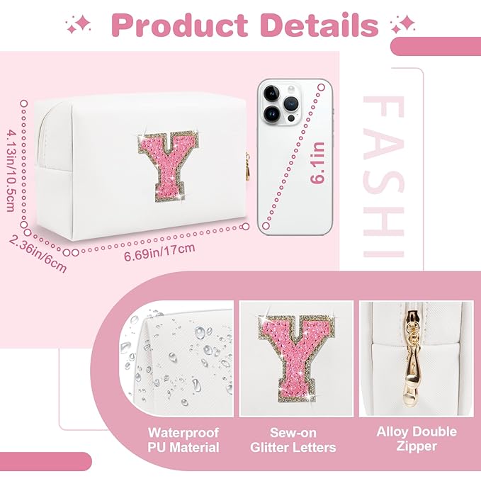 Small Initial Patch Makeup Bag Personalized Gifts Make Up Bag,White Cute PU Leather Glitter Letter Cosmetic Bag with Zipper,Trendy Portable Travel Toiletry Pouch,Preppy Stuff for Teen Girls Women Y