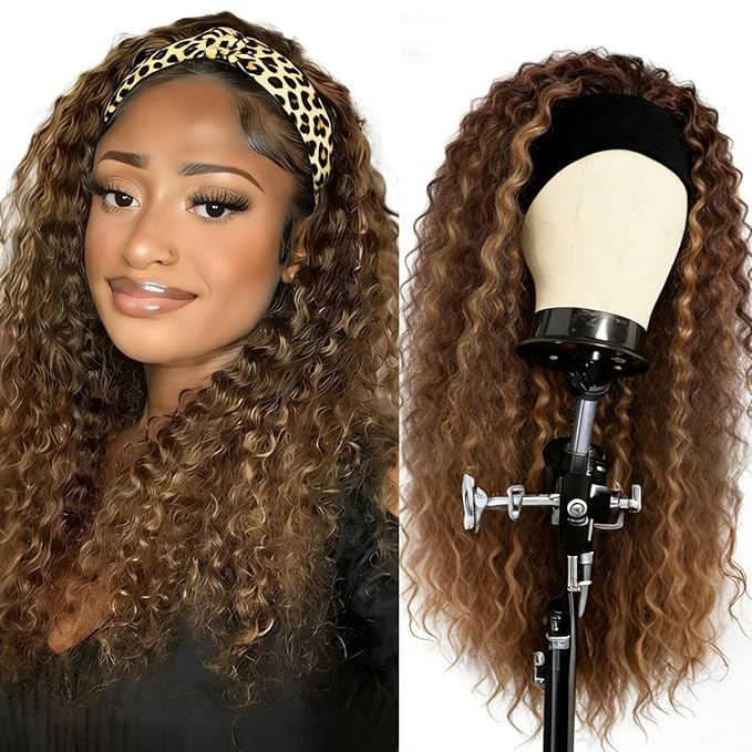 XSY Headband Wig Human Hair Highlight Ombre Curly Headband Wigs for Black Women None Lace Front Wigs 150% Density 4/27# Highglight Wig 16 Inch