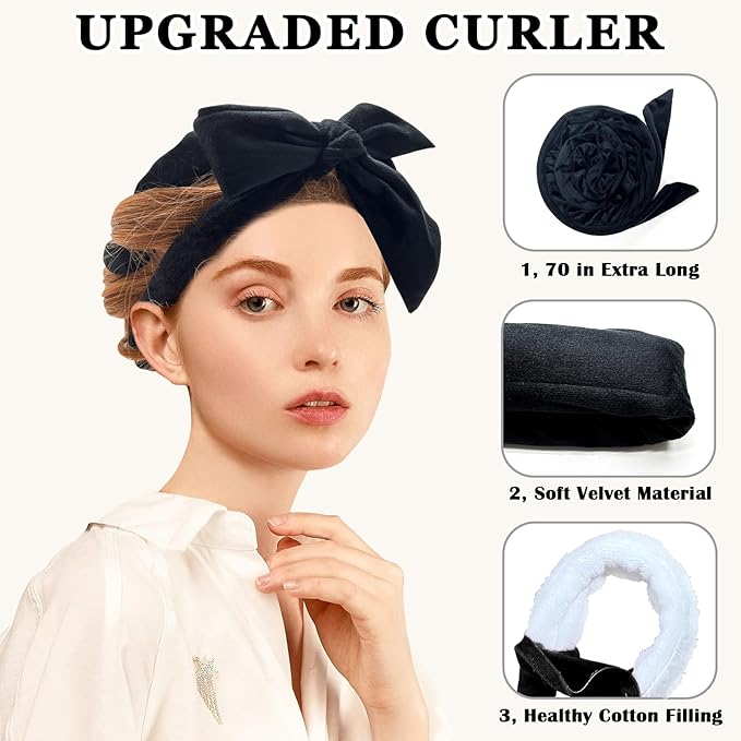 No Heat Hair Curlers Overnight Curls Headband - 70" Soft Ribbon Curl Wrap for Long Hair, 9 PCS Curling Rod Set with Bonnet - Black