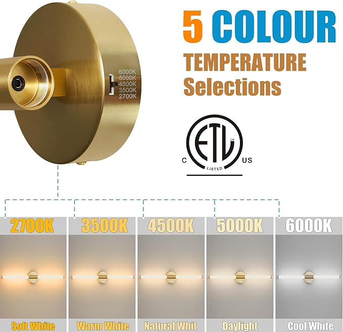 Gold Wall Sconces Set of Two Hardwired, Dimmable 5CCT LED Bathroom Light Fixtures Over Mirror, 360° Full Lighting 23 inch Vanity Light Bar Modern Wall Sconce for Bathroom Bedroom Living Room