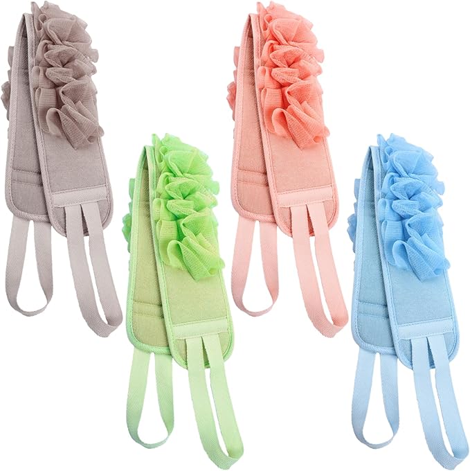 4 Pcs Exfoliating Back Scrubber for Shower Double Sided Exfoliating Washcloth with Strap Long Body Scrub Sponge Shower Loofah with Handle for Women Men Body Washing