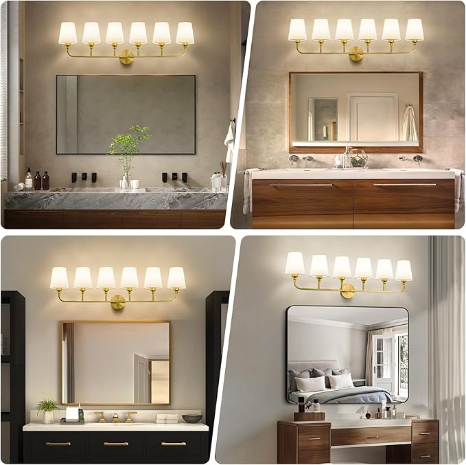 Bathroom Vanity Light, Brushed Gold Bathroom Light Fixtures, 6-Light Lighting Fixtures Over Mirror, Modern Wall Sconce with Flared White Fabric Shade, E26 Socket(ETL Listed)