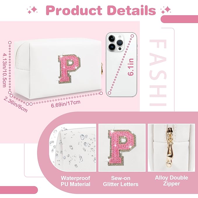 Small Initial Patch Makeup Bag Personalized Gifts Make Up Bag,White Cute PU Leather Glitter Letter Cosmetic Bag with Zipper,Trendy Portable Travel Toiletry Pouch,Preppy Stuff for Teen Girls Women P