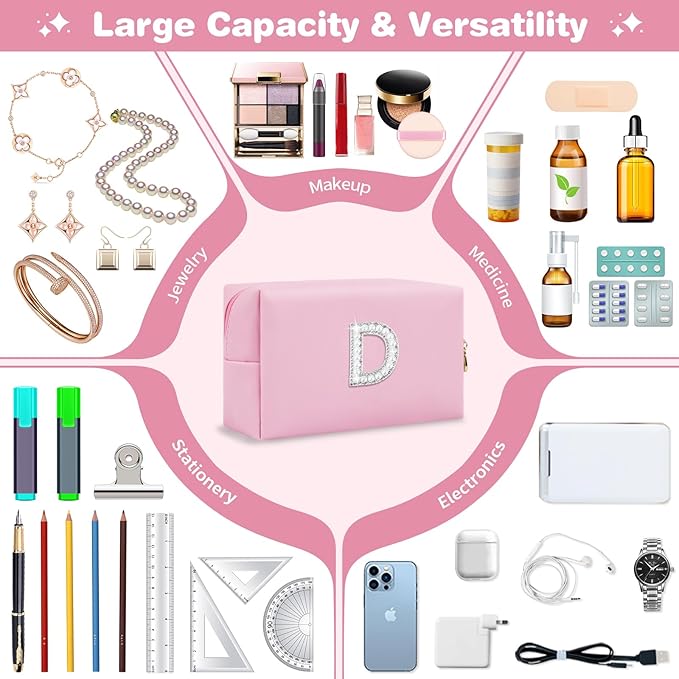 ChaoGreat Bride Gifts – Personalized Initial Makeup Bag with Pearl Rhinestone Patch, Preppy Pink Monogram Cosmetic/Toiletry Pouch, bridesmaid Gifts, Bridal Shower Gifts, Wedding Gifts, Bridal Gifts,D