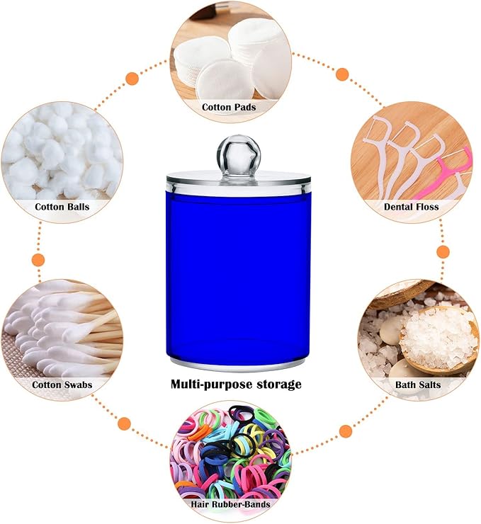 Blue Qtip Holder Organizer Dispenser Cotton Swabs Cans Plastic Jars with Lid Set 4 Pack Bathroom Storage Canister for Cotton Ball Floss Cotton Pads