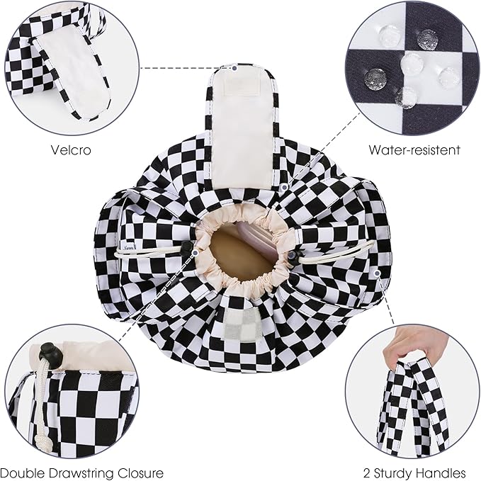Narwey Barrel Drawstring Checkered Makeup Bag Large Cosmetic Bag Make up Bags Toiletry Bag Travel Bags for Toiletries Organizer for Women Gift for Teen Girls (Black Checkerboard) (Patent)
