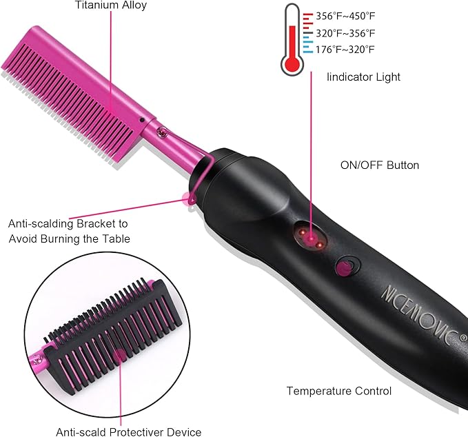 NICEMOVIC Ceramic Heating Hair Straightener Comb - Hot Pressing Brush for Natural Black Hair, Beard Wigs, and Curling (Pink)