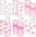 Outus 12 Pcs Bow Car Tissues Cylinder Holder with 3 Ply Facial Tissue Bulk Pink Bow Ribbon Round Tissue Holder Travel Tissues Boxes Container for Car Cup Wedding Birthday Party