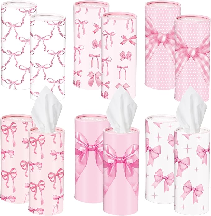 Outus 12 Pcs Bow Car Tissues Cylinder Holder with 3 Ply Facial Tissue Bulk Pink Bow Ribbon Round Tissue Holder Travel Tissues Boxes Container for Car Cup Wedding Birthday Party