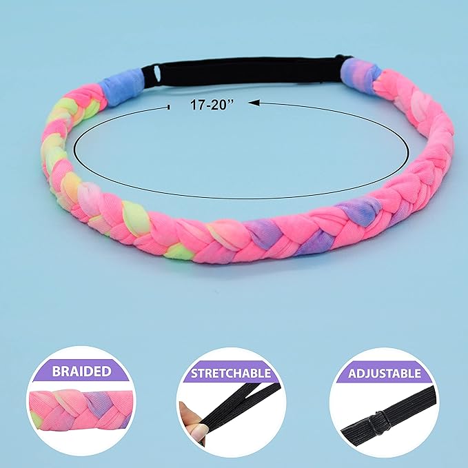 FROG SAC 4 Braided Headbands for Girls, Adjustable Rainbow Tie Dye Braid Head Bands for Kids, Stretch Elastic Cloth Fabric Hairbands Accessories for Women, Teen Easter Basket Fillers Stocking Stuffers