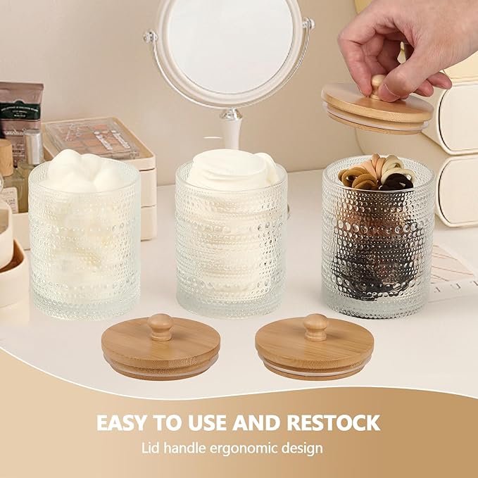 3 Pack Qtip Holder - Bathroom Organizers and Storage, Cotton Round Pad Holder Floss Pick Cotton Ball Holder with Tray, Glass Apothecary Jars with Lids, -clear y D