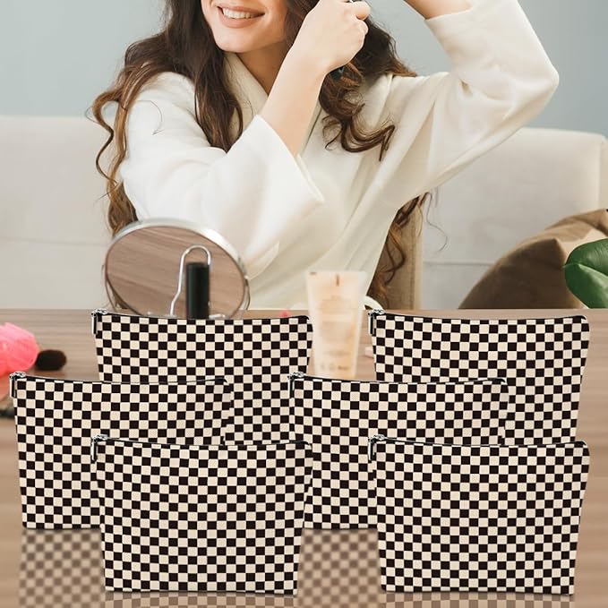 6 Pcs Checkered Makeup Bags Make up Bag Cosmetic Bags for Women Girls Sister Grandma Best Friend Easter Christmas Birthday Travel Toiletry Bag Aesthetic Zipper Organizer Accessories, Cute Black Plaid