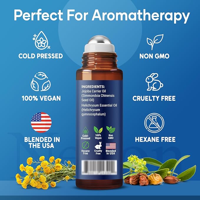 Organic Helichrysum Essential Oil Roll On 10 ml – Natural Aromatherapy Blend for Skin Care, Relaxation, Calm Mind, Stress Relief & Daily Wellness – Nexon Botanics