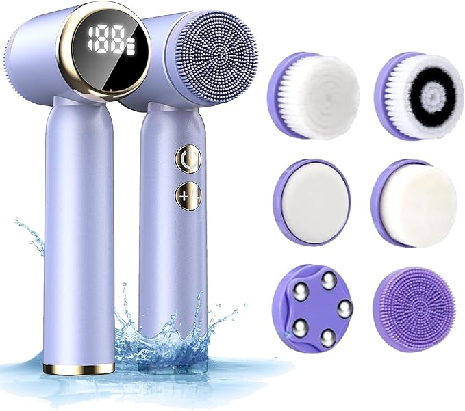 6-in-1 Facial Cleansing Brush Electric Face Scrubber – 3-Speed Waterproof Spin Brush with 6 Replacement Heads, Rechargeable Deep Pore Cleanser for Dry, Oily & Sensitive Skin (Purple)