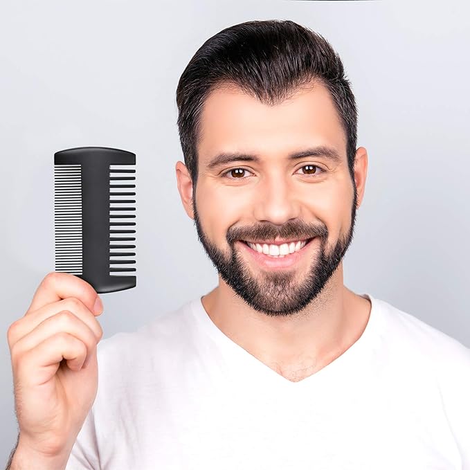 3 Pieces Beard Comb for Men Natural Sandalwood Wooden Mustaches Combs Dual Action Teeth Beard Comb with 3 Pieces Pocket Faux Leather Case for Beards Mustaches(Black, Yellow, Brown)