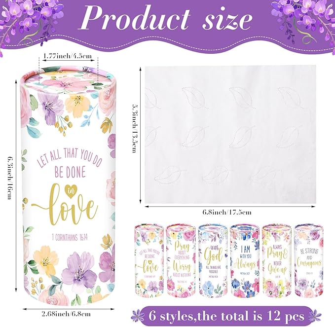 Outus 12 Pcs Floral Christian Car Tissues Cylinder Holder with 3 Ply Facial Tissue Bulk Inspirational Bible Verse Tissue Holder Flower Religious Travel Tissues Boxes Container for Car Cup Home Office