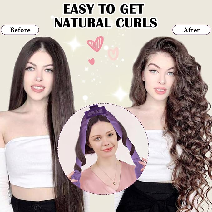 ZILAMPU No Heat Overnight Curls Headband - 70" Soft Wave Wrap for Long Hair to Sleep In, 9 PCS Hair Rollers Gifts Set - Purple