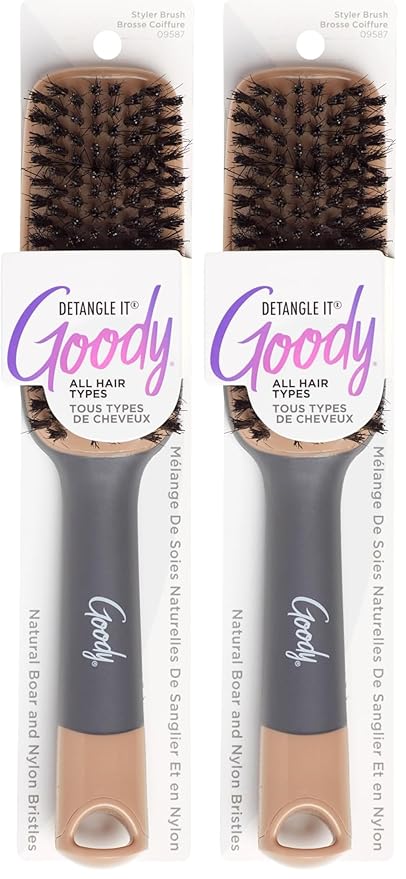Goody Detangle It Boar Bristle Hair Brush, Use as a Detangling or Styling Brush, Conditions & Boosts Shine, Helps Tackle Knots & Reduce Frizz, For Wet or Dry Hair, Brown/Grey (Pack of 2)