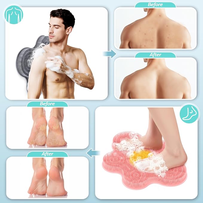 Upgrade Silicone Shower Foot Scrubber Mat & Silicone Bath Brush Set, Large Wall-Mounted Back Scrubber Back Washer to Clean, Exfoliate and Massage Without Bending(Gray+Soft Brush)