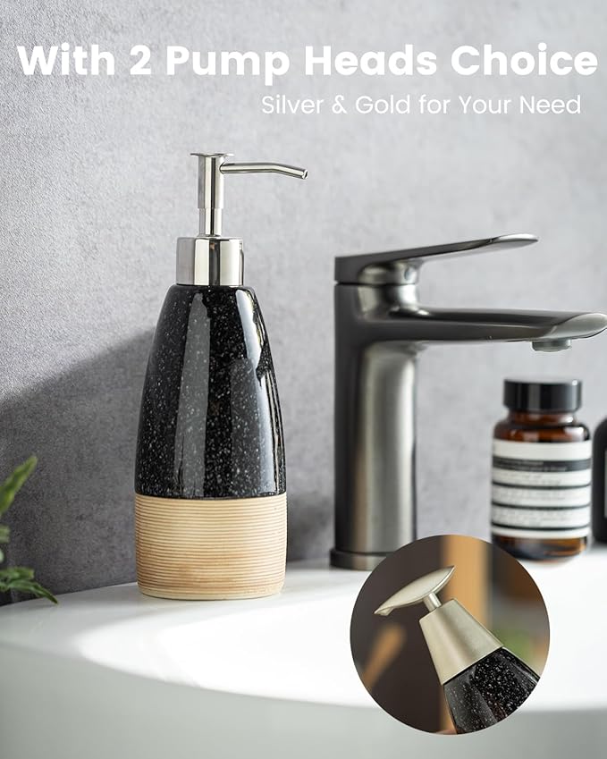 Ceramic Dish Soap Dispenser with 2 Pumps for Hand Soap, Shampoo, Lotion, Conditioner, 12 oz Refillable Soap Bottle with Silicone Funnel for Mother's Day Bathroom & Kitchen, Black
