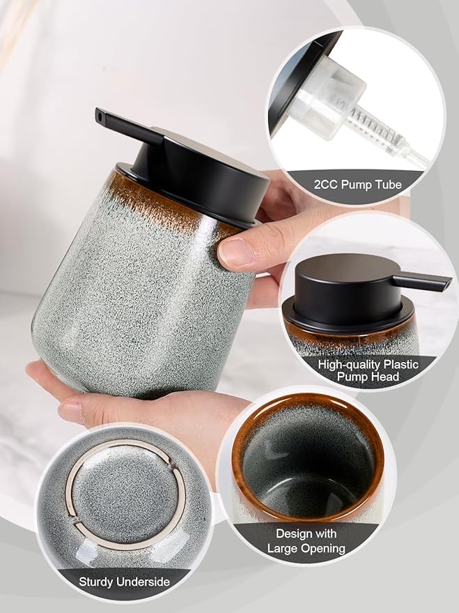 INGOFIN Ceramic Foaming Soap Dispenser -12oz Foam Hand Soap Dispenser Bathroom, Modern Refillable Dish Wash Soap Bottle for Kitchen with Large Pump,Kiln-Glazed