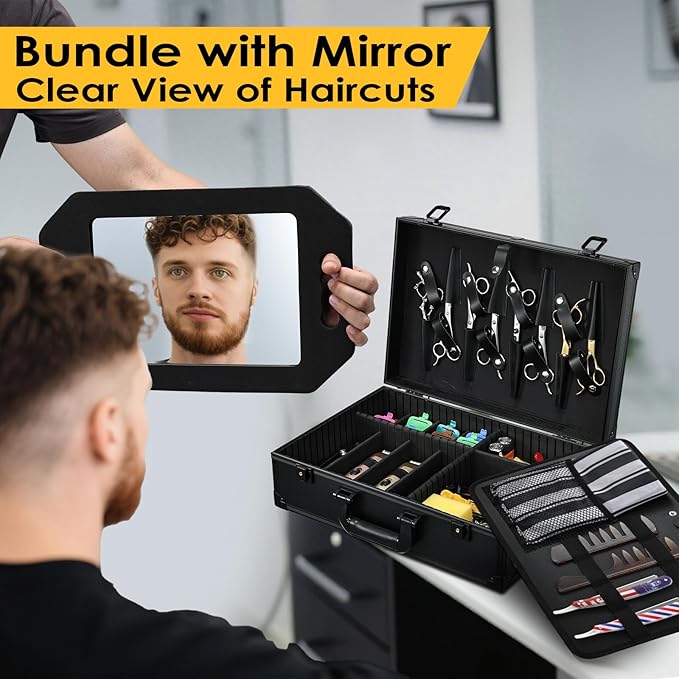 Barber Accessory Case with Mirror, Profesional Barbers Briefcase Tool Case, Barber Cases for Clippers and Supplies, Hair Scissors Trimmer Organizer, Salon Grooming Hard Travel Suitcase