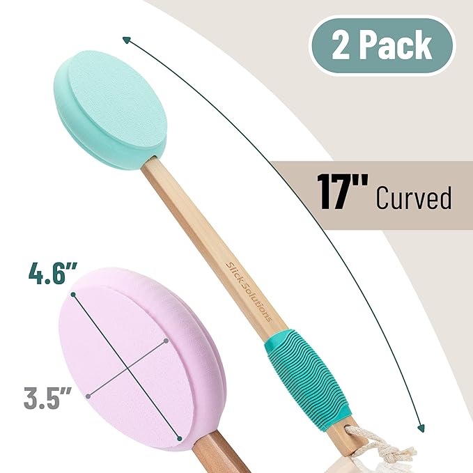 Slick- Lotion Applicator, 17 Inch, 2 Pack, Green and Pink, Back Applicator Lotion, Certified Organic, Easy Reach Washable, Self Tanner for All Skin Tone