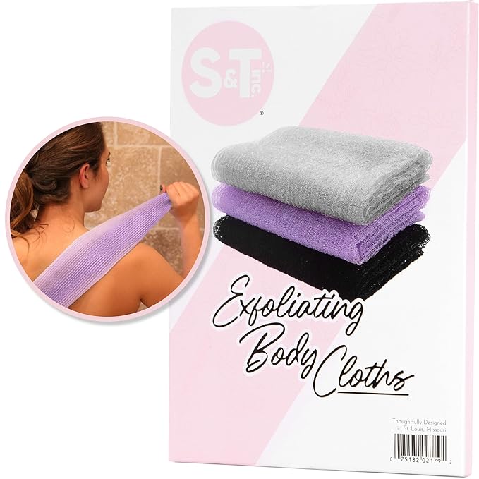 S&T INC. Back Scrubber for Shower, Exfoliating Body Scrubber or Bath Exfoliating Towel for Skin Care, 11.8 Inches x 35.4 Inches, Assorted Purple, 3 Pack