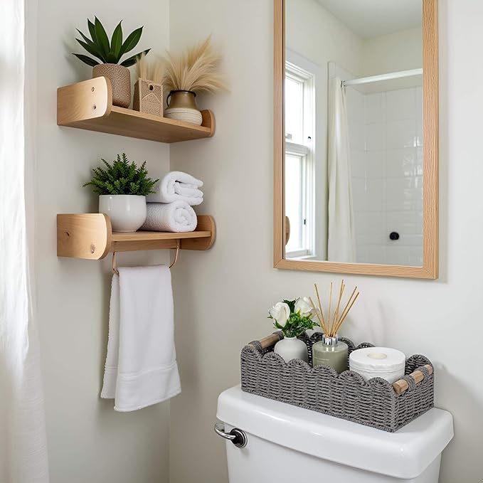 CubesLand Scalloped Edge Toilet Paper Storage Basket, Living Room Home Cozy Decor Basket, Paper Rope Small Baskets for Over Toilet Storage Shelf, End Table, Shelves, with 2 Wooden Handles, Grey
