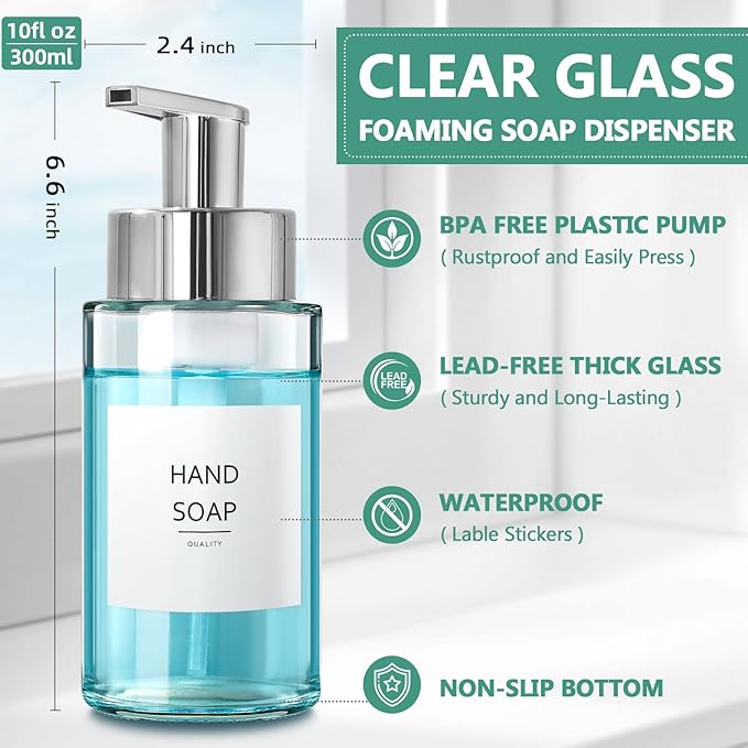 Glass Soap Dispenser, 10 oz/300ml Foaming Soap Dispenser, 2 Pack Foaming Hand Dispenser for Bathroom & Kitchen, Clear Refillable Foam Soap Bottle with Silver Pump